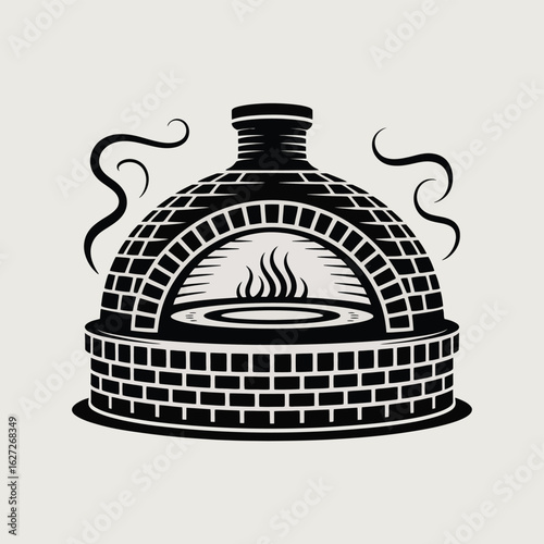 Traditional brick pizza oven with glowing flames and smoke rising from chimney