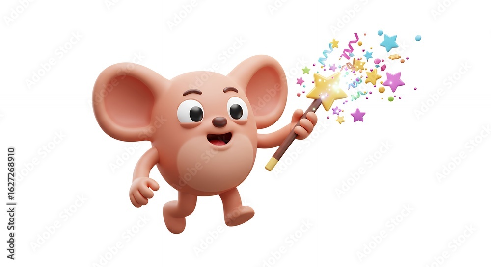 Cartoon mouse character with a magic wand and sparkling stars illustration Cartoon mouse character with a magic wand and sparkling stars illustration