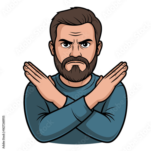 Frustrated man making an X with his arms to signal stop or no