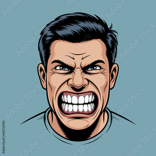 Close up of an angry man gritting his teeth with a fierce expression showing all his teeth