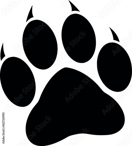 Black silhouette of a large animal paw print with sharp claws