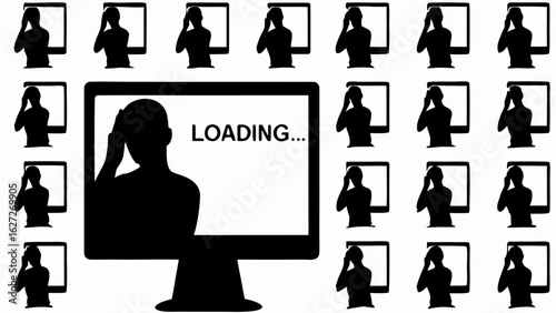 Silhouette of a person in front of a computer screen displaying loading text with multiple repeats