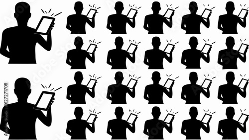 Silhouette pattern of people holding tablets with light rays emanating from the screens in a grid format
