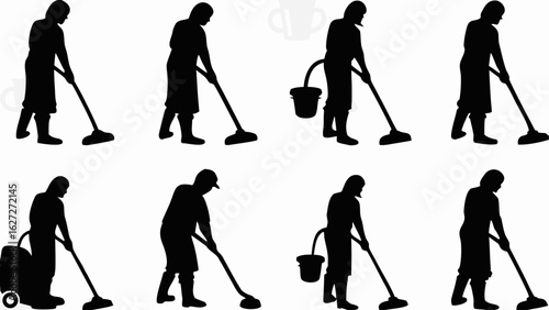 Silhouettes of people cleaning with mops and vacuum cleaners in a repetitive pattern on a white background