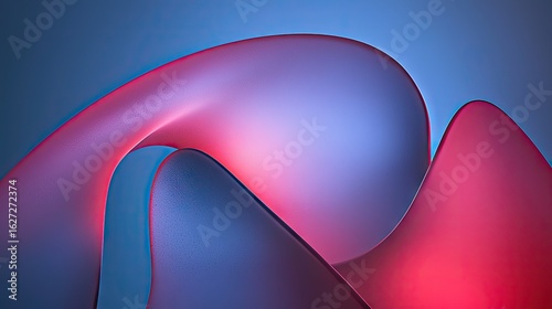 Abstract forms in vibrant hues of blue and red.