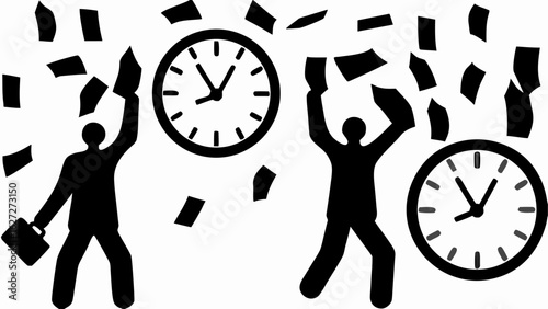 Two people celebrating with papers and clocks suggesting time management and success in business tasks silhouette