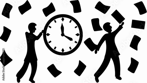 Silhouette of two people with a clock and scattered papers depicting time pressure and deadlines at work