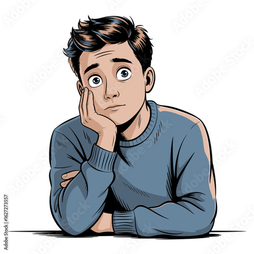 Young man with worried expression resting his head on his hand wearing a blue sweater