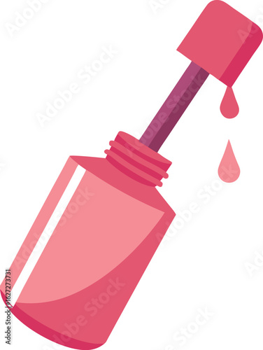 Nail polish bottle with brush dipped in colorful liquid