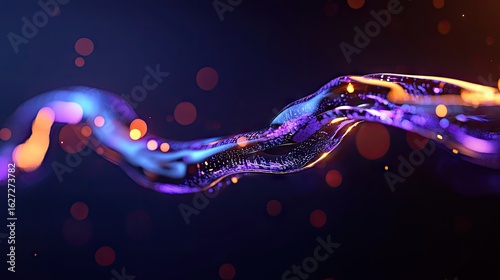 Abstract flowing form with vibrant hues and light particles.