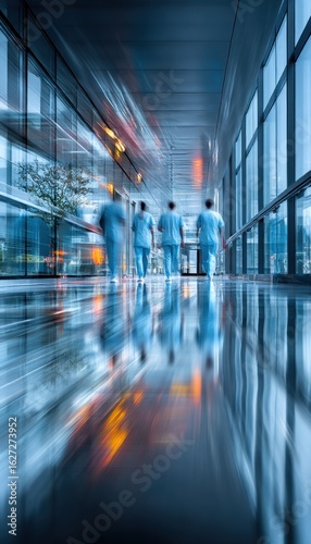 Blurred hospital hallway with medical staff