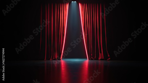 Red velvet curtains illuminated by vibrant lights.