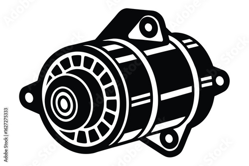 Black and White Illustration of an Automotive Starter Motor with Mounting Brackets
