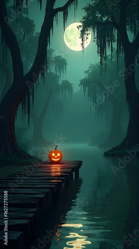 Jack-o'-Lantern on a Wooden Dock in a Spooky Swamp