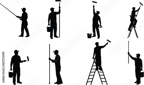 Painter silhouettes with roller tools, standing on ladder, painting wall, holding bucket, renovation concept, black vector illustration, house decorator workers