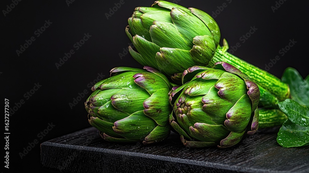 Fototapeta premium Three fresh artichokes on a dark wooden surface.