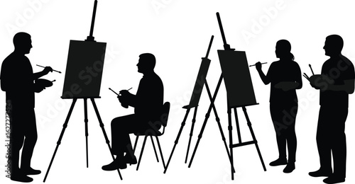 Silhouette of group artists painting on canvas, creative art class scene, standing and sitting poses, male and female painter illustration