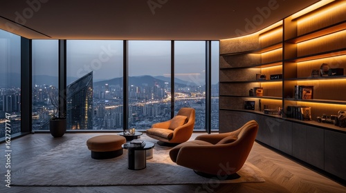 Fototapeta Naklejka Na Ścianę i Meble -  Modern, sophisticated lounge with panoramic city views.