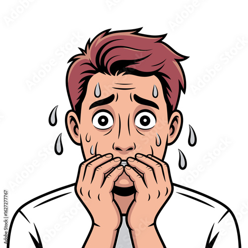 Man showing fear biting his fingernails in panic with sweat dripping down his face