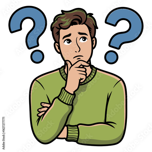 Man Thinking Deeply Pondering Over a Complex Problem with Question Marks Floating Above