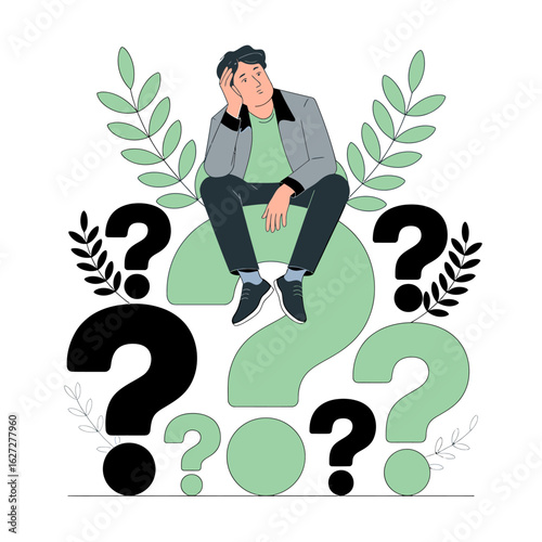 Confused Person Sitting on Giant Question Marks Surrounded by Leaves and Smaller Questions