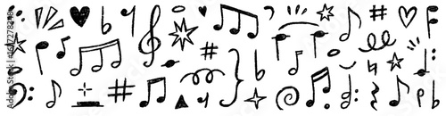 Music note icon vector doodle set. Hand drawn music note, sound symbol, melody sign in chalk crayon sketch style. Retro pastel crayon texture, playful sticker elements background. Vector illustration