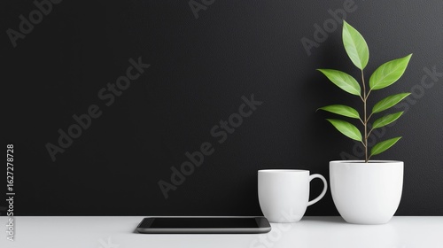Wallpaper Mural Minimalist workspace scene with potted plant and digital tablet. Torontodigital.ca