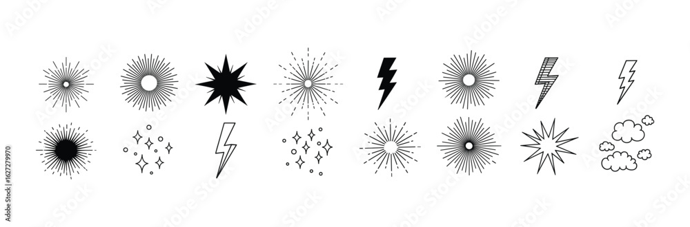 Obraz premium Sun, Star, and Lightning Flash Icons - Black and White Vector Set