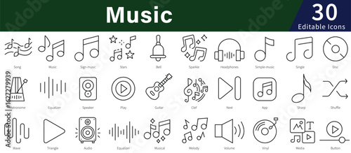 Music Line Icons Set with Editable Stroke for Audio, Sound, Entertainment, and Musical Instruments