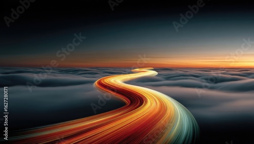 Winding road through clouds at sunrise