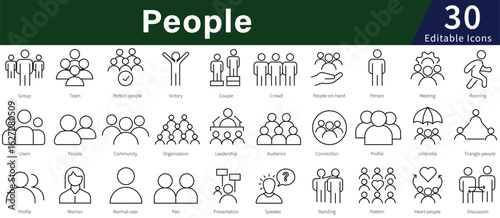 People Line Icons Set with Editable Stroke for Human, Person, Social, and Community Relations