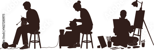 Silhouette of people doing creative activities, knitting, pottery, painting, sitting on stool, working on crafts, isolated on white background