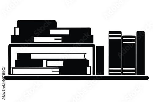 Black and White Silhouette Books Stacked on Shelf and Resting Next to Books