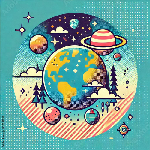 earth and moon, earth and space, planet earth and space, abstract vector illustration, abstract vector background, abstract vector background with colorful city, global business concept