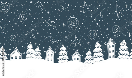 Christmas Seamless Border. Winter Village in Modern Style. Trendy Christmas  Design. Holiday Greeting Card, Banner, Wrapping Paper, Invitation Template. Vector Illustration in Blue, White