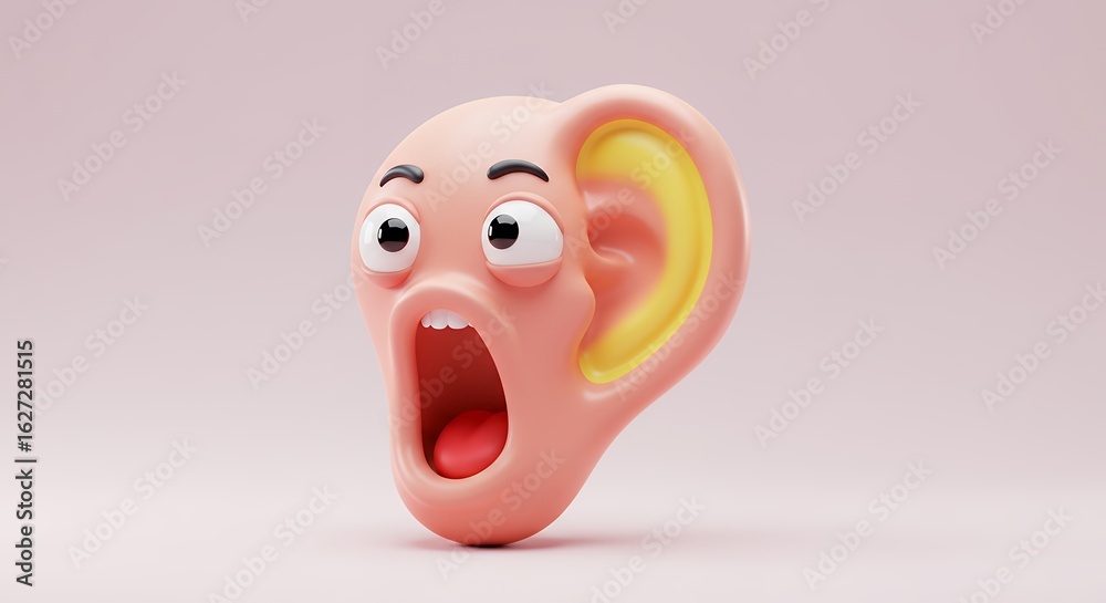 Fototapeta premium Cartoon ear with surprised expression against pastel background