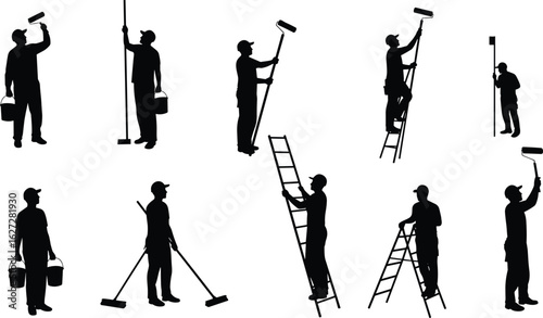 Silhouette of workers using paint roller, holding ladder, carrying buckets, performing painting work, renovation concept, black illustration, vector design, construction