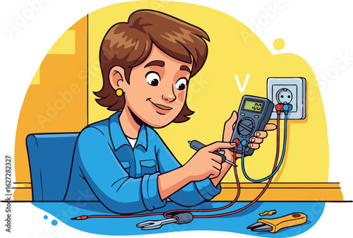 Cartoon woman testing electrical outlet with multimeter, wearing blue shirt