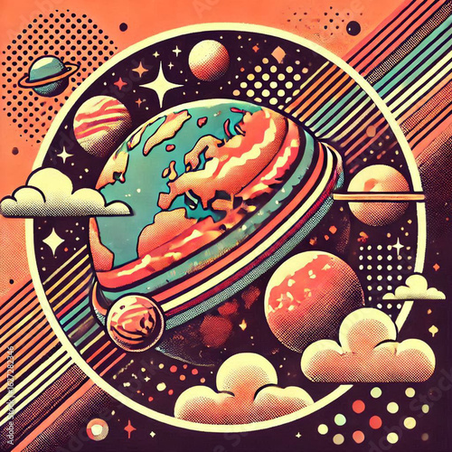 earth and moon, earth and space, planet earth and space, abstract vector illustration, abstract vector background, abstract vector background with colorful city, global business concept