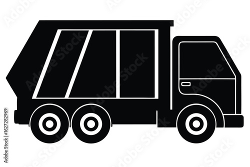 Black and White Silhouette of a Garbage Truck With Three Axles and Wheels