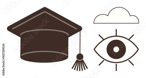 Graduation cap, open eye, and fluffy cloud signify education, insight, and aspirations. Ideal for learning, academic success, higher education vision dreams goals and achievement. Simple flat