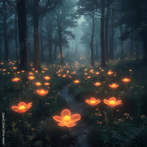 Glowing bioluminescent flowers in a magical forest at night, mysterious light, dark background, fantasy style, surreal beauty
