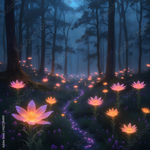 Glowing bioluminescent flowers in a magical forest at night, mysterious light, dark background, fantasy style, surreal beauty
