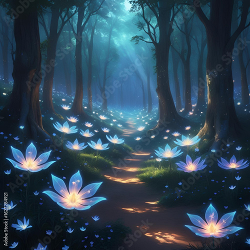 Glowing bioluminescent flowers in a magical forest at night, mysterious light, dark background, fantasy style, surreal beauty
