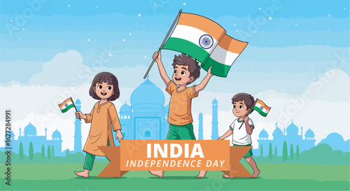 India Independence Day. Children holding Indian flags