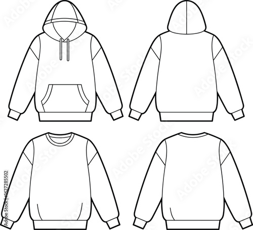 Technical flat sketch of hoodie and sweatshirt, front and back view, fashion design template, unisex casual wear vector illustration