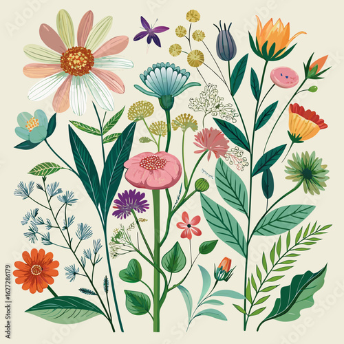 A vibrant and colorful collection of diverse wildflowers and botanical elements arranged in a pleasing composition