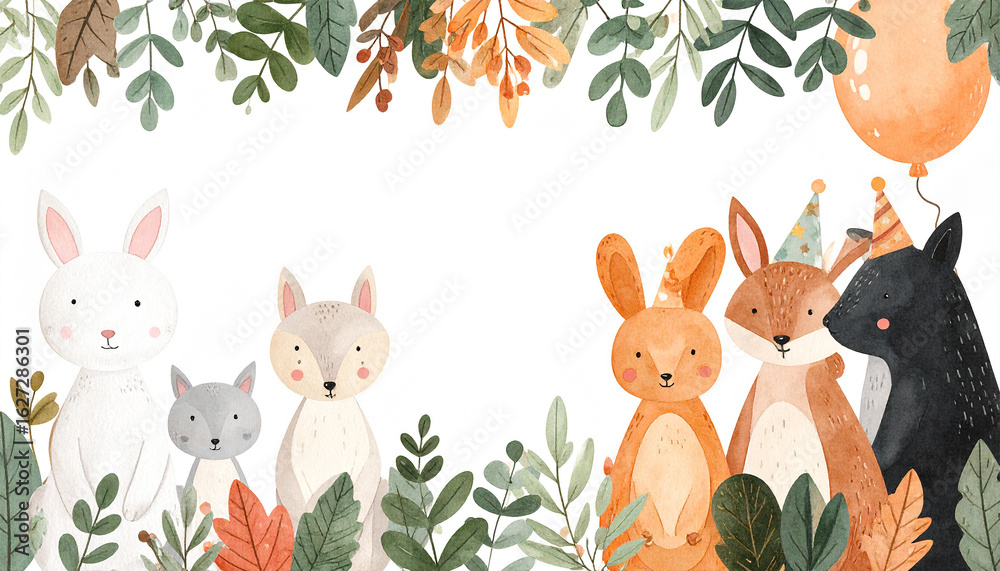 Naklejka premium Whimsical Animal Gathering: A charming watercolor illustration featuring an adorable group of forest creatures in a festive celebration.