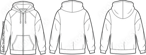 Unisex hooded zip-up sweatshirt flat sketch, front and back view, technical fashion drawing, casual wear design template, vector outline
