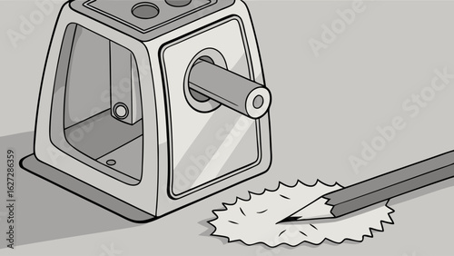 Classic Desk Pencil Sharpener with Graphite Pencil and Shavings Illustration in Monochrome Style, Education and Office Supply Concept